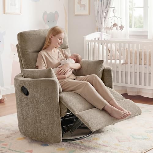 Arcrinte Nursery Rocking Chair, Oversized 360° Swivel Glider Recliner Chair, Upholstered Nursery Rocker with 2 Pillows and Footrest, Cozy Reclining Sofa for Living Room, Bedroom, Nursing, Camel