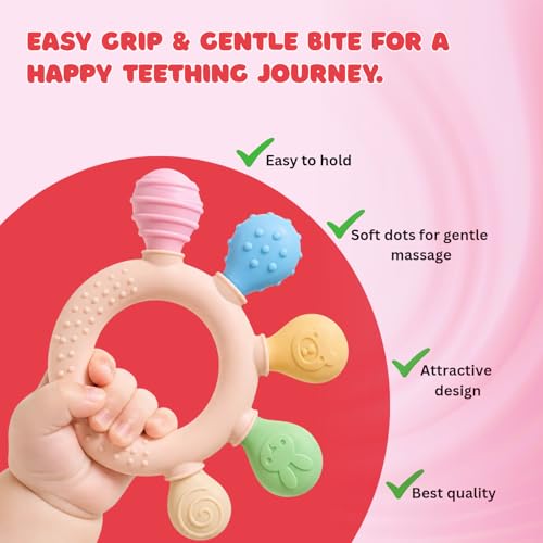 Image of Tekme Silicone Ring Teether for Babies 3-12 Months | Made in India Baby Teething Toys | BPA Free Food Grade Silicone Teether | Sensory Chew Toy with Multiple Textures & Easy Grip Design (Pack of 1)