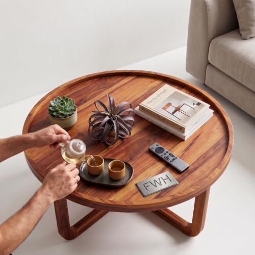 Image of Solid Wood Round Wheel Coffee Table, Wooden Center Table for Home & Office, Round Shape Coffee Table, 32x32x14.5 Inch, (Teak Finish)