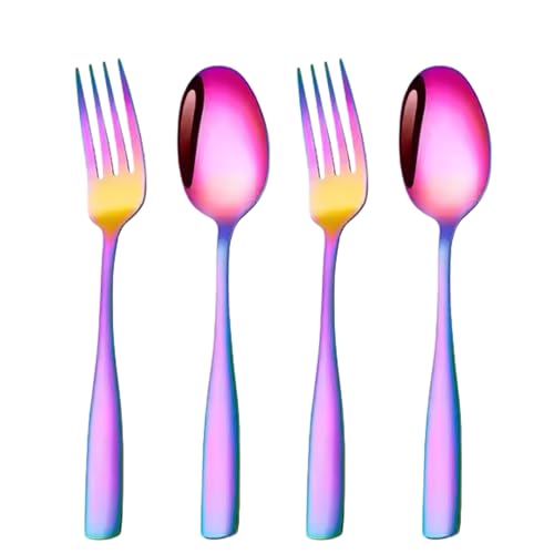 Image of Rainbow 4-Piece Cutlery Set - 2 Tablespoons (7.3 inch) & 2 Dinner Forks (7.7 inch), Food-Grade 18 /8 Stainless Steel Silverware Tableware, Ideal for Home, Restaurant, and Gifting