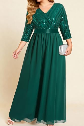Image of Womens Plus Size Formal Dresses - V Neck 3 /4 Sleeve Sequin Prom Evening Gowns Long Maxi Dres