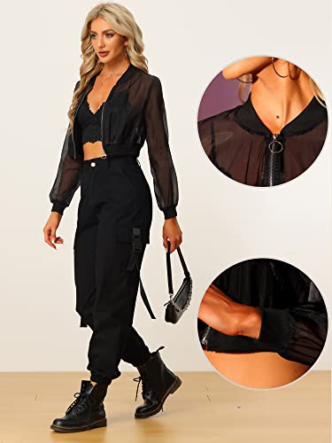 Allegra K Bomber Jacket For Women's Long Sleeve Crop Mesh Sheer Jackets Medium Black #TOP1