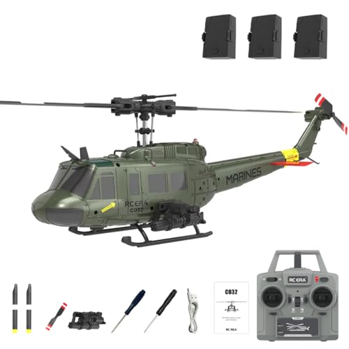 RCXTechPro RC ERA C032 UH 1 Huey Helicóptero 1/48, 6 CH 2,4 G, giroscopio estabilizado sin barra, posicionamiento óptico, aterrizaje de una tecla – Batería RTF/3