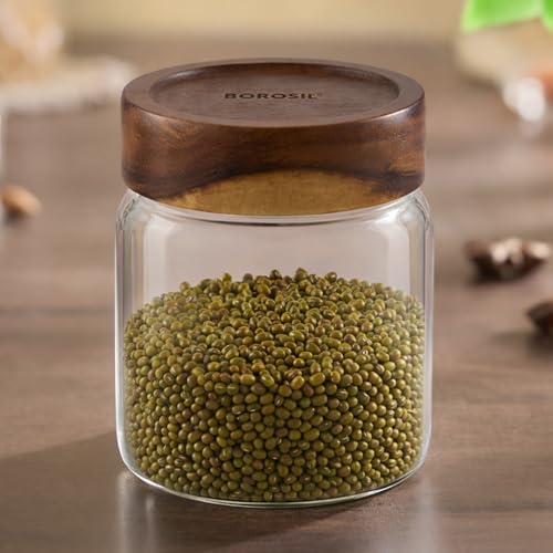 Image of Borosil Glass Jar with Acacia Wood Lid | Borosilicate Glass Storage Jar for Dry Fruits, Spices & Snacks | Airtight Glass Container for Kitchen & Pantry (Tallwood, 600 ml)
