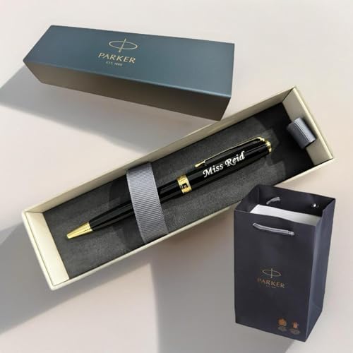 Personalised Engraved Premium Parker Stainless Steel Gold or Silver Trim Ballpoint Pen with Black Ink Classy Gift Box and gift bag Custom Gift for Christmas for Men and Women Enter Your Custom Text