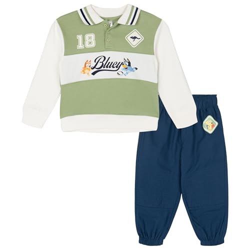 Bluey Toddler Boys Fleece Polo Shirt Jogger Pants Outfit Set Colorblock Green/Navy Blue 3T