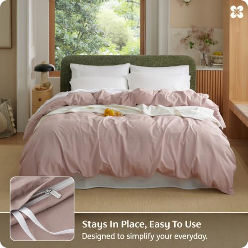 Image of Bedsure PureWoven 100% Washed Cotton Duvet Cover Only, Queen, Petal Pink | 1 Duvet Cover, No Pillow Shams, Linen Like Textured, Lightweight & Breathable for All Seasons, Zipper Closure, 8 Corner Ties