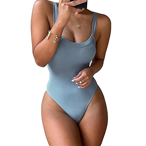 Gembera Women's Sleeveless Scoop Neck Ribbed Knit Tank Top Bodysuit Backless Stretchy Leotard(Lightblue,M) #TOP8
