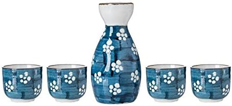 TJ Global 5-Piece Sake Set, Durable Ceramic Japanese Sake Set with 1 Carafe/Decanter/Tokkuri Bottle and 4 Ochoko cups for Hot or Cold Sake at Home or Restaurant - Blue with White Flowers