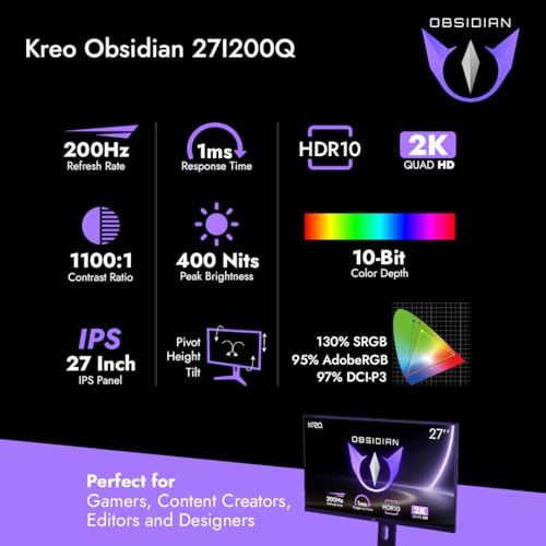 Image of Kreo Obsidian 27 Inch 2K QHD Gaming Monitor, 200Hz, 1ms, HDR10, FreeSync & G-Sync Compatible, 130% sRGB, 400 Nits, Adjustable Stand, Eye Comfort, Flicker Free, Made in India