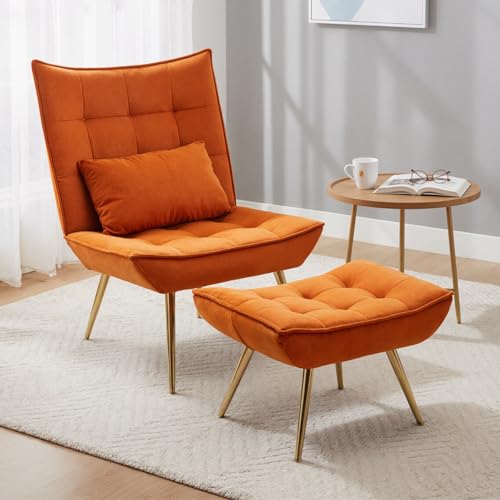 chairus Chaise de Relaxation avec Repose-Pieds Chaise Rembourée en Velours Oreiller Lombaire Chaise Longue pour Salon Balcon Chambre (Orange)