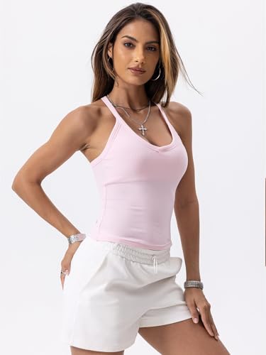 Image of Danysu V Neck Racer Back Tank Top for Women Padded Ribbed Long Tank Fitted Basic Cami Tops