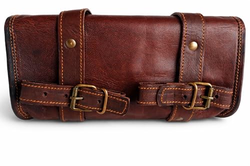 Image of american blue Vintage Genuine Goat Leather Motorcycle Bag 2 Strap Buckle Closure Brown Tool Bag Quick Release Reinforced Handlebar Fork Leather Bike Bag (Pattern 10)