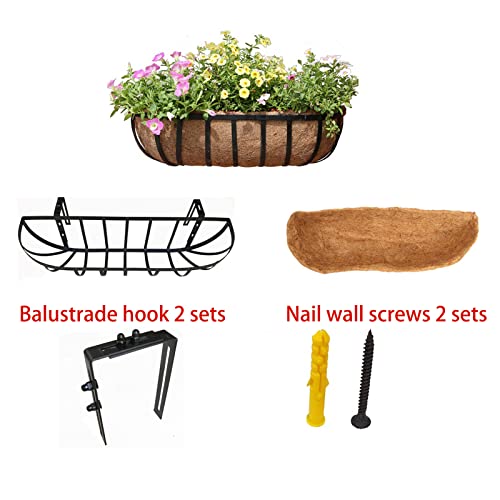 24 Inch Railing Planter Window Box Deck Balcony Rail Planter With Coco Liner Metal Wall-Mounted Coconut Liner Planter Basket English Horse Trough Planter For Outdoor Balcony Porch Fence Patio (2 Pack) #TOP2