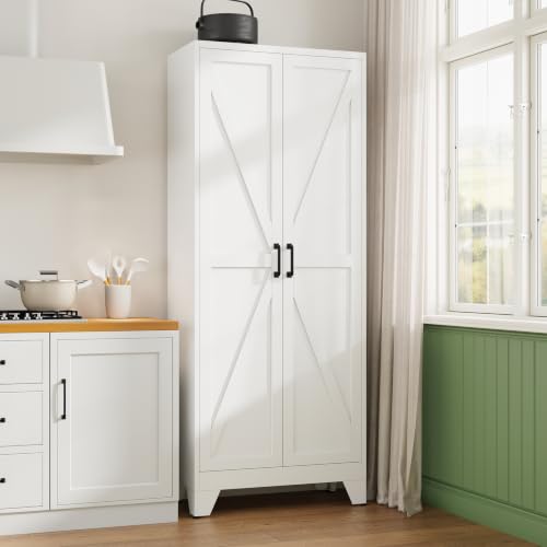 Image of Letaya 75 inch H Metal Storage Cabinet with 2 Doors and 4 Shelves,Tall Kitchen Pantry Cabinets,Farmhouse Utility Pantry Organizers for Cupboard /Dining /Bathroom /Home Office /Garage,White