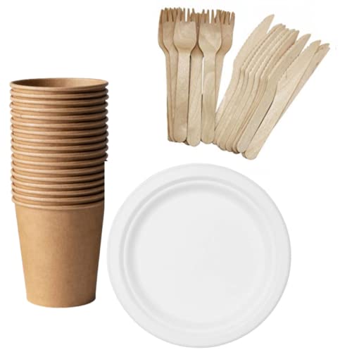 SALO GREN - biologisch abbaubares Set für 25 Gäste - Einweg - inkl. 25 Speiseteller - 25 Holzgabeln, 25 Holzmesser, 25 Becher, recycelbar, kompostierbar, 100 Stück Cover