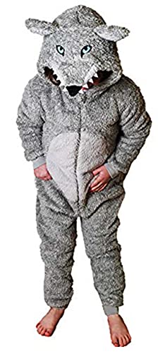 Wunsy Combinaison pour garçon ou fille, loup gris pelucheux avec queue, costume super doux en polaire, tout-en-un pour enfants, âge 2–13 ans, 10-11 ans