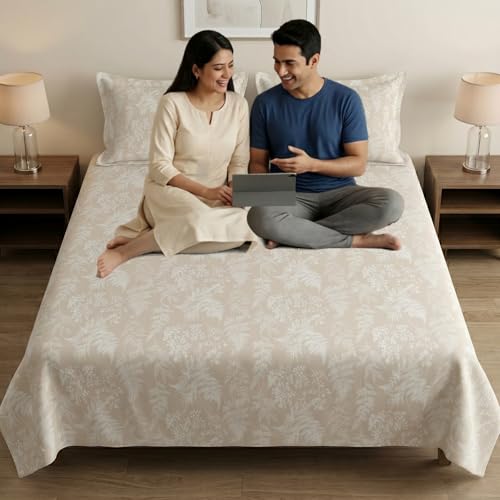 Image of Mafatlal 186 TC Metro Cotton Double Bed Bedsheet | 90x100 Inch|Soft, Breathable & Lightweight | Includes 2 Pillow Covers| Honey Beige 1