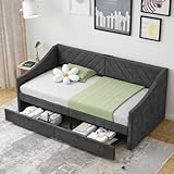 Arhomefurni Upholstered Twin Size Daybed with Two Storage Drawers, Twin Leatherair Sofa Bed Daybed with Wood Slat Support,No Box Spring Needed (Dark Grey)