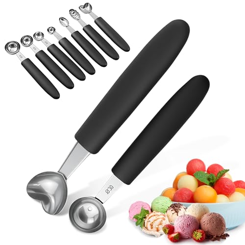 HISUEKIG 7Pcs Melon Baller Scoop Stainless Steel Ice Cream Scoop Melon Ballers Melon Scoop for Cutting and Scooping Fruit Melons Cake Scoop Cake Press Mold Spoon
