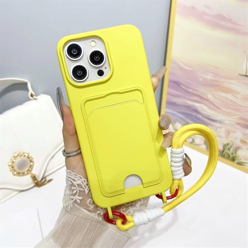 Coque iPhone 14 silicone jaune avec dragonne pour garder les mains libres en ville
