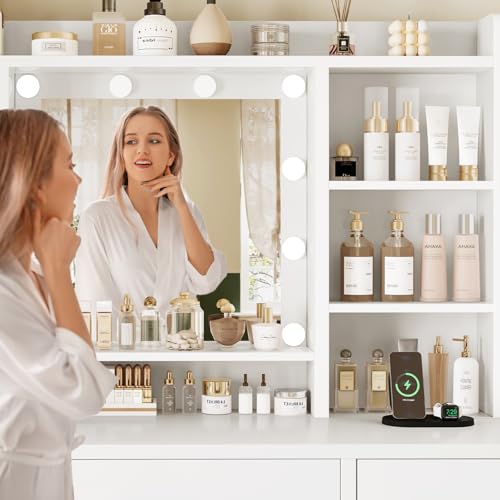 Image of FIONESO Vanity Desk with Mirror and Lights, Power Outlet, Makeup Vanity with 9 Drawers & 6 Open Storage Shelves, 3 Lighting Modes Brightness Adjustable, White