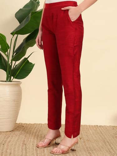 Image of Vogaan Women's Cotton Silk Pant | Half-Elasticated Waist Slim Fit Trouser for Women | Casual Pocket Pants for Office Formal Daily Use