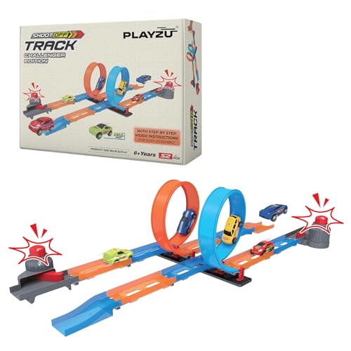 Image of Playzu Shoot Off Challenger Edition Track Set, 52 Pcs Single Twist Loop & 2 Car Track Play Set for 2 Players 6+ Years Kids Boys and Girls