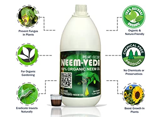 Home-Secure Neem Veda Organic Cold Pressed Neem Oil for Plants - Natural Pest Control, Organic Gardening Solution - Pure and Effective (With ML Cup, Spray Bottle) (Pack of 1 Ltr)