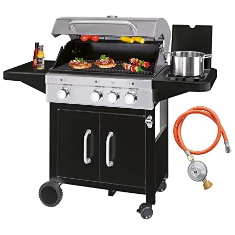 ProfiCook® Gasgrill 3 Brenner + 1 Seitenbrenner, Gas Grill inkl. Gusseisen-Roste Cover