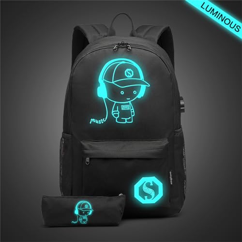 KONO Schulrucksack Unisex Teenager mit Fluoreszierendem Muster, Leicht & Wasserdicht für Schule, Reise (30x17x48cm) (Schwarz)