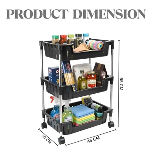 Image of JD FRESH 3-Tier Multi Storage Rack for Home & Kitchen /360-Degree Rotating Wheels with Breathable Kitchen Shelf Storage Rack /Plastic Rolling Cart for Kitchen, Bathroom, Office & Living Room (Black)