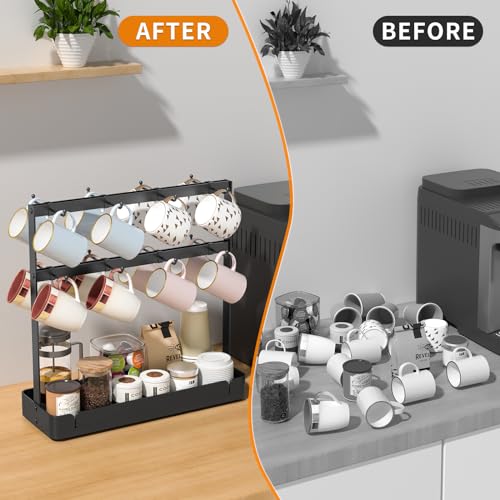 RCHYFEED Aluminum Alloy Coffee Mug Holder Organizer with 16 Movable Hooks, 2 Tier Countertop Mug Tree Stand Rack with Storage Basket for K Cup Coffee Bar Kitchen