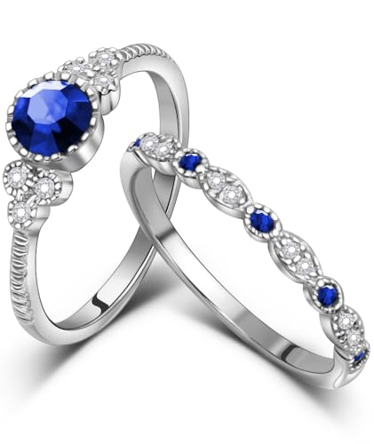 Created Round Cut Sapphire Wedding Rings Set For Women, Marquise CZ Engagement Rings For Women, Rhodium-Plated Copper Blue CZ Promise Ring, Simulated Diamond Anniversary Rings for Size 6-10