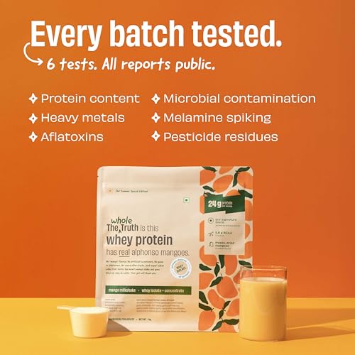 Image of The Whole Truth Whey Protein Isolate+Concentrate | Mango Milkshake 500g (1.1 lbs) I 24g Protein per scoop I 5.6g BCAA | 100% Authentic Whey | Made with Real Alphonso Mangoes | No Artificial Flavours