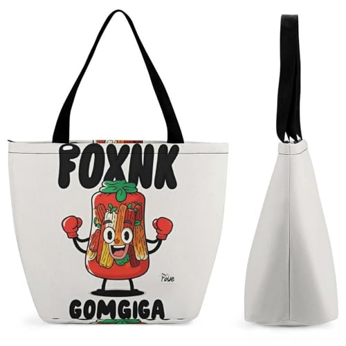 Interesting Boxing Kimchi Cartoon Tote Bag for Women Cosmetic Bag with Zipper, Reusable Wide Opening Handbag for Work, Travel