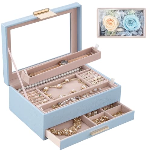 Lolalet Jewelry Organizer with Glass Lid, 2-Layer Jewelry Box Case with Drawer, Valentine's Day Gift for Women Mom Wife Earrings Watch Ring Display Storage -Blue