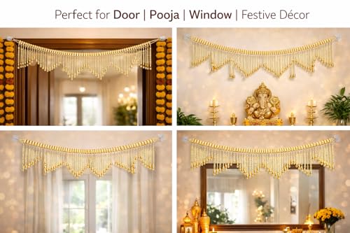 Image of Elegant Pearl Beads Toran for Door | Golden Bell Bandarwal | 3 Feet Length | Lightweight Traditional Door Hanging for Diwali, Pooja, Wedding & Griha Pravesh