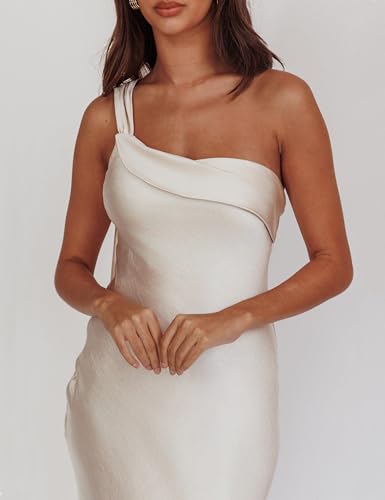 Image of 2026 Satin One Shoulder Maxi Dress for Women Summer Silk Formal Elegant Backless Ruffle Sleeveless Wedding Guest Dresses