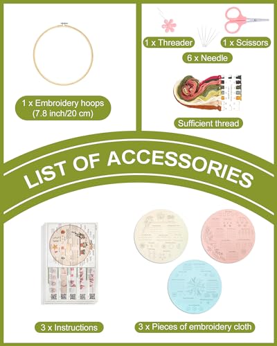 image for Santune 3 Sets Embroidery Kit for Beginners Adults,Learn Over 30 Diffe
