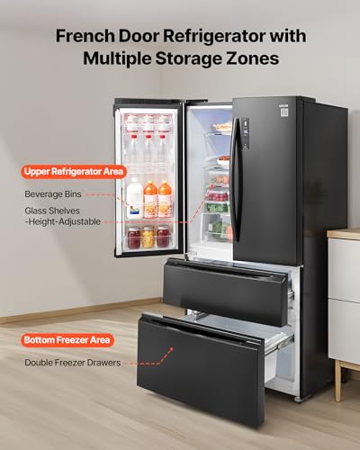 Image of VEVOR French Door Refrigerator, 18.9 Cu. Ft. Kitchen Fridge, Counter Depth French Refrigerator with LED Display and 4 Casters, Frost-Free Bottom Freezer Refrigerators for Home & Commercial Use, Black