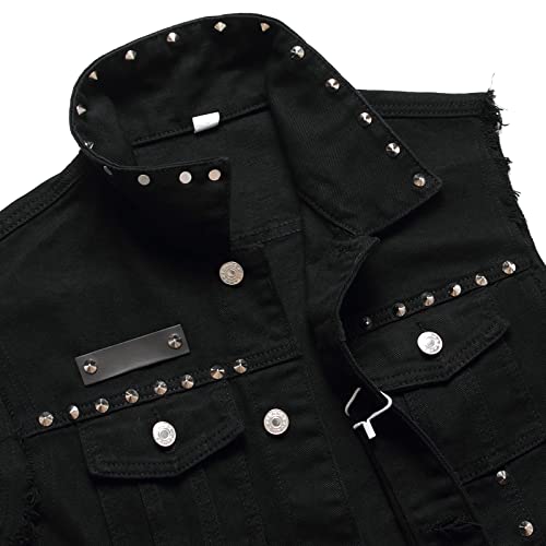 Image of Denim Vest Men Lapel Sleeveless Slim Fit Retro Ripped Casual Jean Vest for Men's