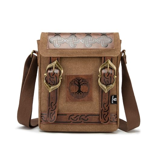 Medieval Renaissance Crossbody Bag – Viking Steampunk Canvas Sling Pack，Brown Embossed with Metal LARP, Travel & Urban Adventures