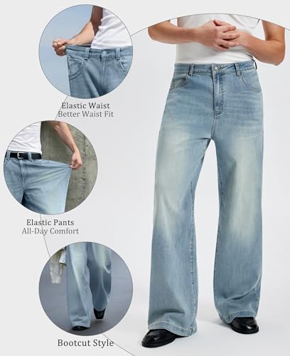Image of Mens Bootcut Baggy Jeans Stretch Flared Wide Leg Old Money Jeans Lightweight Breathable Vintage Stylish Casual Denim Pants