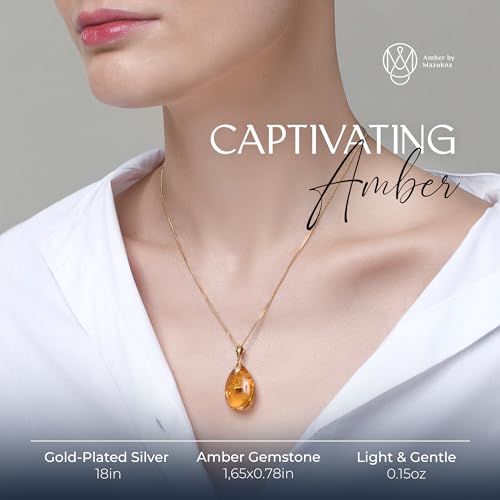Baltic Amber Pendant for Women, Sparkling Amber Drop, Gold Plated Sterling Silver Necklace, Cognac Color Jewelry for Ladies, 18 inch gold plated chain2