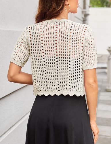 Image of Kate Kasin Women Crochet Shrug Knit Sweater, Short Sleeve Cropped Cardigan | Tie Front Tops Light Weight, Knit Cover Up Arm Bolero For Evening Dresses Dressy Casual, Ladies Eyelet Shawl Thin Formal