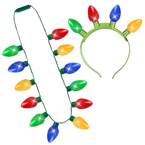 The Dreidel Company Light-Up Christmas Bulb Ornament Headband and Necklace Set Christmas Party Favor Accessory for Kids and Adults Indoor Outdoor Usage 25 (2 Sets)