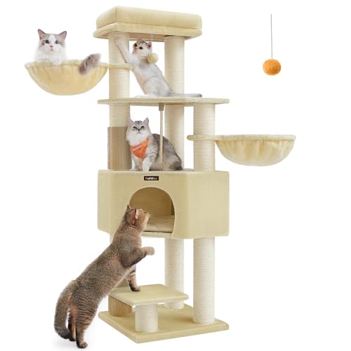 Feandrea Cat Tree for Large Cats, Heavy-Duty Cat Tower with Self-Warming Pads, 2 Self-Groomers, 9 Scratching Posts, Large Perch, Cave, Baskets, 50 x 50 x 160 cm, Sand Beige and Beige PCT003Y01