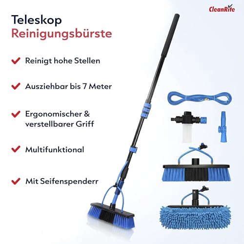 CleanRite® Teleskop Waschbürste 7m extra lang mit Wasseranschluss | Teleskopbürste mit Wasseranschluss | PV Reinigungsbürste Teleskop Set | Terrassendach Reiniger & Dachrinnenreiniger | Schwarz