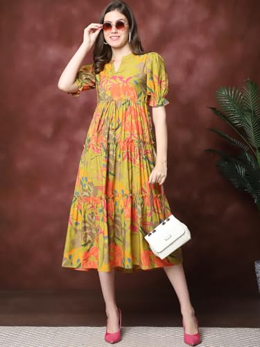 Image of Claura Women Floral Print Mandarin Collar Puff Sleeves Maxi Midi Dress